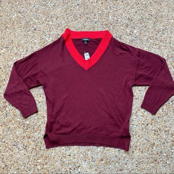 NWT EXPRESS Oversized Deep V-neck Soft Maroon & Red Sweater Size S - Picture 2 of 9